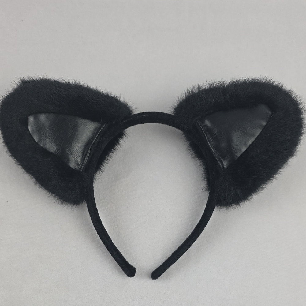 NWOT Black Fur And Leather Cat Ear Headband Cosplay